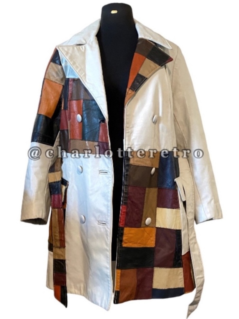 70s vtg Patchwork Leather Spy Jacket w Belt